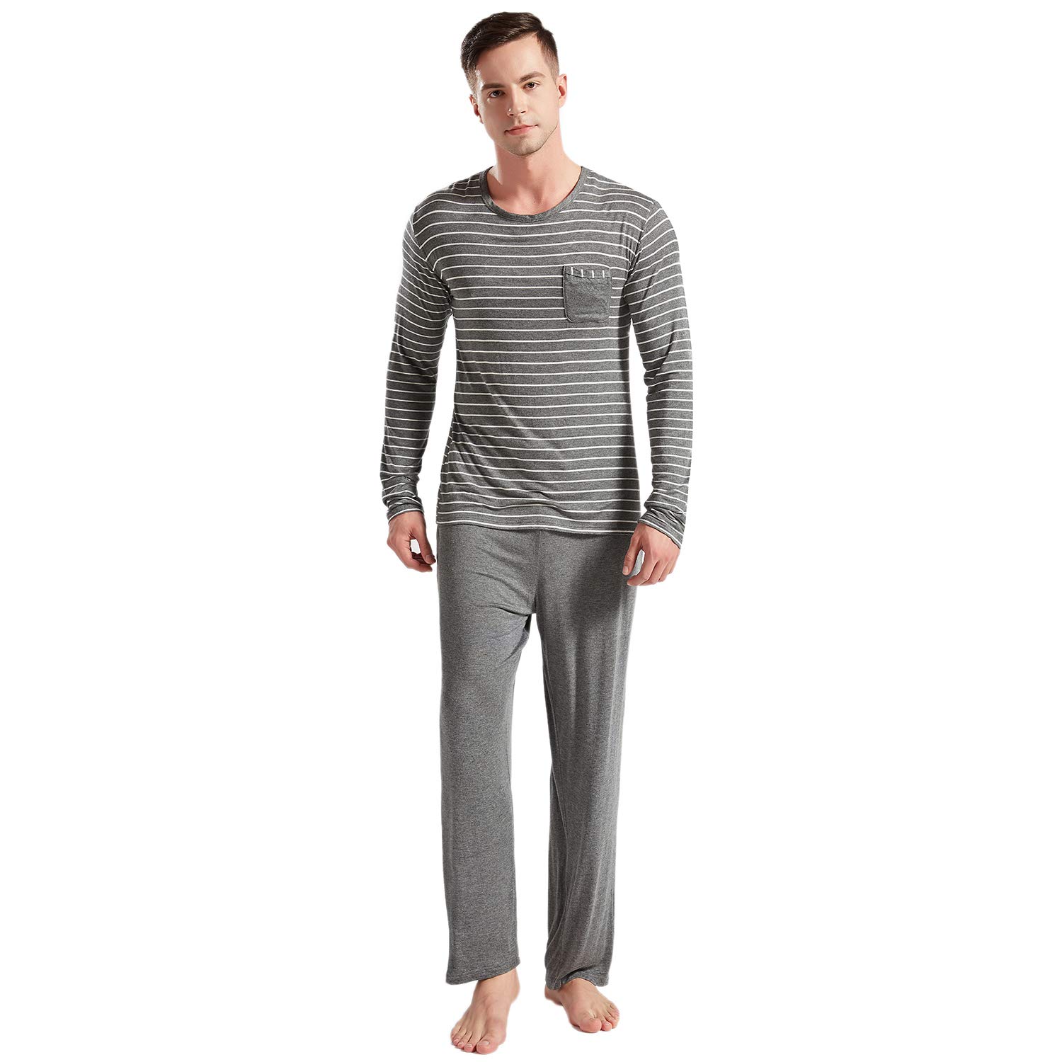 LEMONMOON Men\'s Pajama Set Cotton Classic Striped Crew Neck Sleepwear 2 Piece Long Sleeve Tee with Long Pants, Gray S