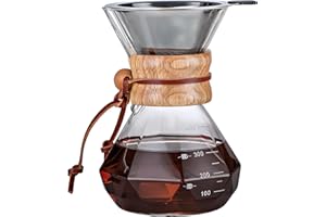 COFISUKI Pour Over Coffee Maker with Reusable Stainless Steel Drip Filter, Lead-Free Borosilicate Glass Coffee Carafe with Modern Wooden Collar for 1-2Cup, Diamond Clear (400ml/13.5oz)