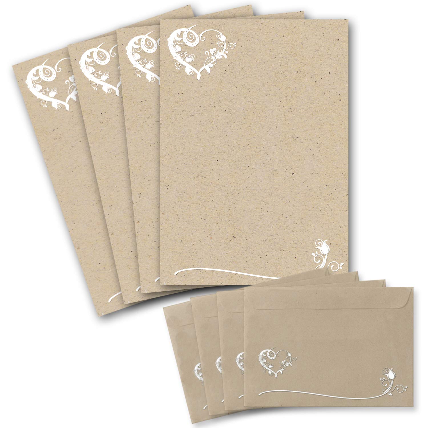 50 Letter Paper Sets DIN A4 – Letter Paper in Kraft Paper Look with Floral Heart Ornament – with Matching Envelopes DIN C6 in Taupe Letter Paper – Printable – Ideal for Wedding Invitations