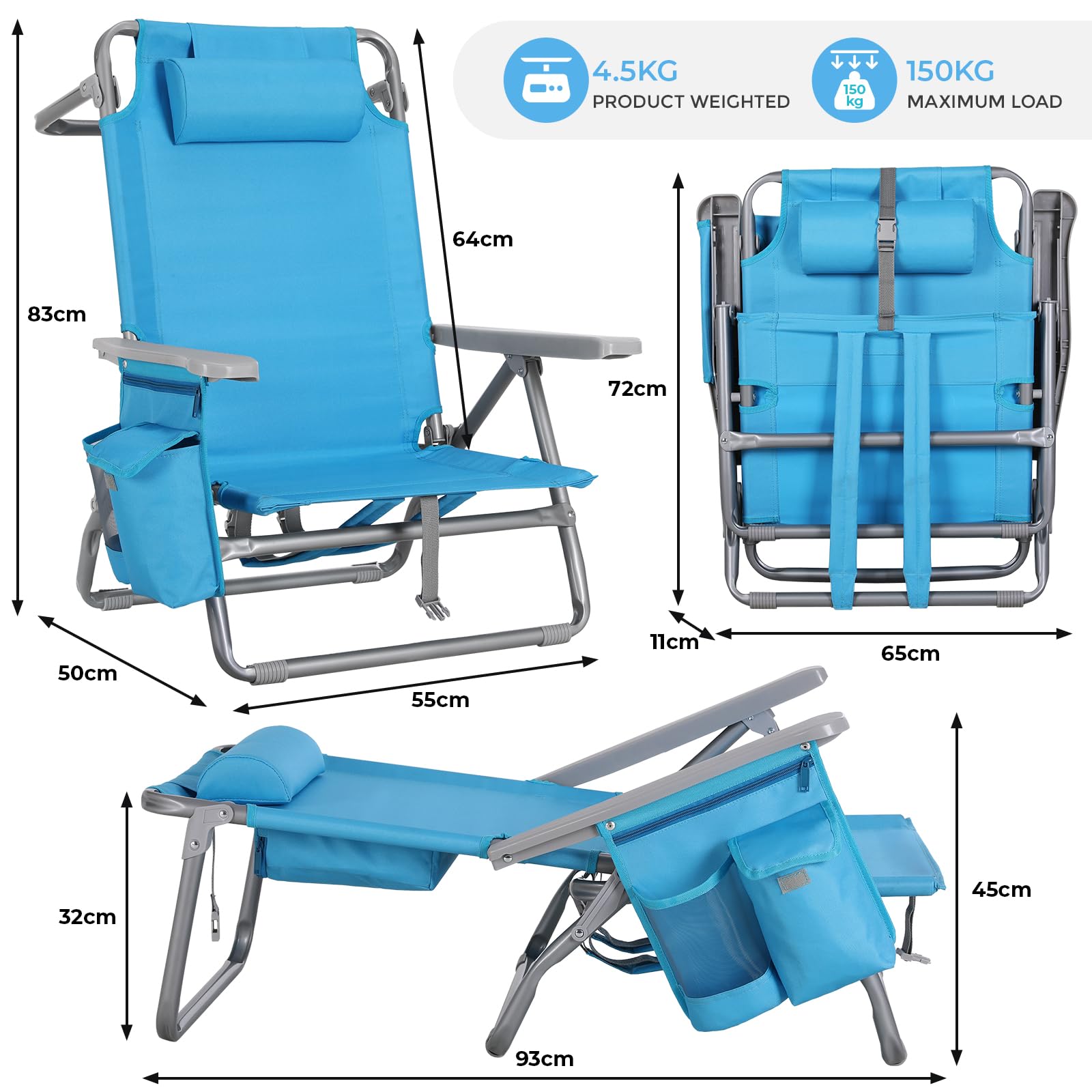 LIFERUN Strandstuhl Klappbar Leicht 2er Set, Rucksack Klappstuhl Strand, Campingstuhl Kann Flach Liegen,bis 150 kg belastbar, Outdoor Faltstuhl mit Verstellbarer Hohe Rückenlehne, Eisbeutel,Blau 2