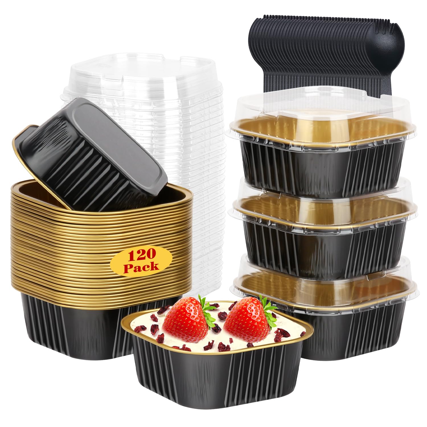Photo 1 of 120pack 5oz Mini Cake Pans with Lids,LNYZQUS Disposable Ramekins Muffin Tins Cupcake Baking Cups,Small Aluminum Foil Brownie Baking Pan Containers Mini Cheesecake Holders-Black