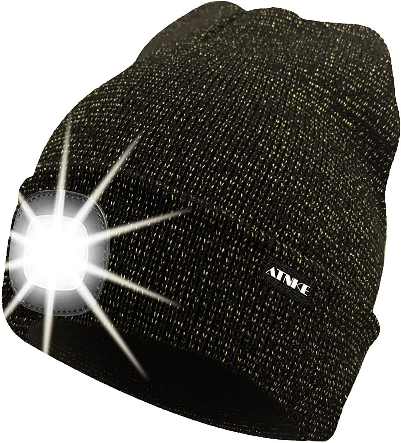 ATNKE LED Lighted Beanie Cap,USB Rechargeable Running Hat Ultra Bright 4 LED Waterproof Light Winter Warm Gifts for Men and Women/Blended Black Goldwire