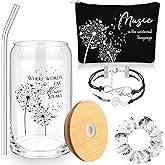 SilTriangle 4 Pcs Music Lover Gifts for Women Music Teacher Gift Bulk 16oz Inspirational Musicians Glass Cup Makeup Bag Bracelet Hair Scrunchies for Piano Teacher Choirs Birthday Party Favor