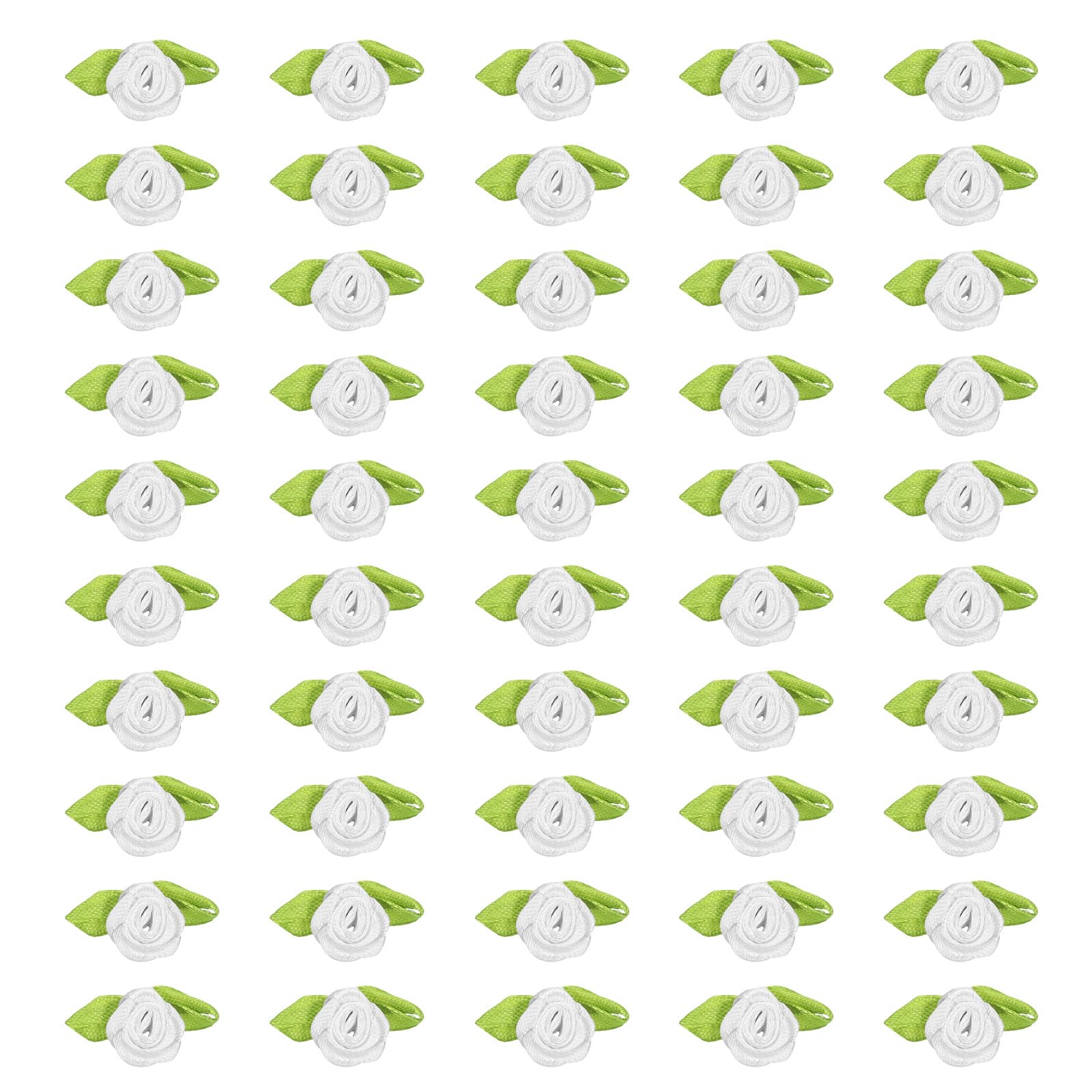 PATIKIL 15mm Tiny Satin Ribbon Rose, 50 Pcs Fabric Flowers Embellishments Rosettes Applique with Green Leaves for DIY Crafts Wedding Decor, White