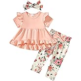 Kucnuzki Toddler Baby Girl Clothes Short Sleeve Ruffle Shirt Floral Pant Set 2 Piece Outfits For Girls Cute Clothing Set