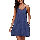 Marvmys Womens Cotton Sleeveless Nightgown Spaghetti Strap V Neck Full Slip Sleep Dress with Pockets
