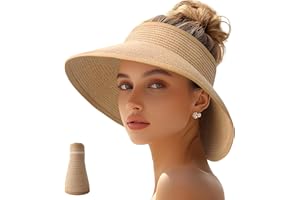 JYxingchi Sun Visor Hats for Women Straw Wide Brim Ponytail Beach Hat Packable Foldable UV Protection Travel Hats