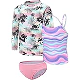 Girls 3 Piece Swimsuits Set Long Sleeve Rash Guard Tankini Bathing Suits for Girls Beach Swimwear Set 3-16 Years