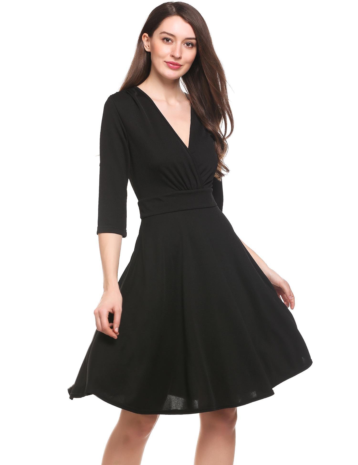 Seewebest Women 3/4 Sleeve Solid V Neck Faux Wrap Skater Dress