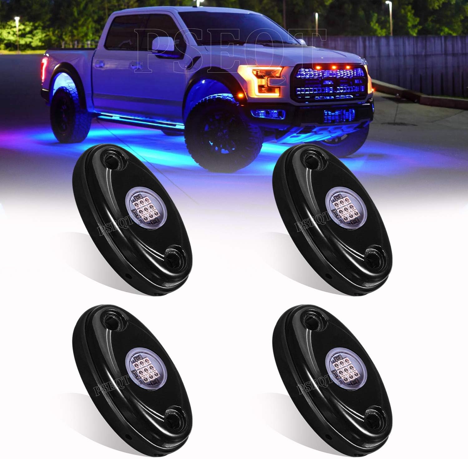 PSEQT 4Pods LED Rock Light Kit Underglow Lights for Car Offroad Jeep Truck Boat Underbody Blue Neon Lighting Glow Trail Rig Lamp Waterproof - 9 Chips Each: Automotive