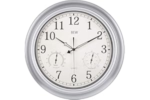 BEW 18 Inch Large Outdoor Clock for Patio, Waterproof Outdoor Clocks with Thermometer and Hygrometer Combo, Silent Battery Operated Outside Clock for Pool, Garden, Fence, Porch - Silver