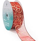 CT CRAFT LLC Organza with Red Glitter Swirls Wired Ribbon 2.5 inch x 50 Yards for Christmas Home Decor Tree Topper Bow Gift W
