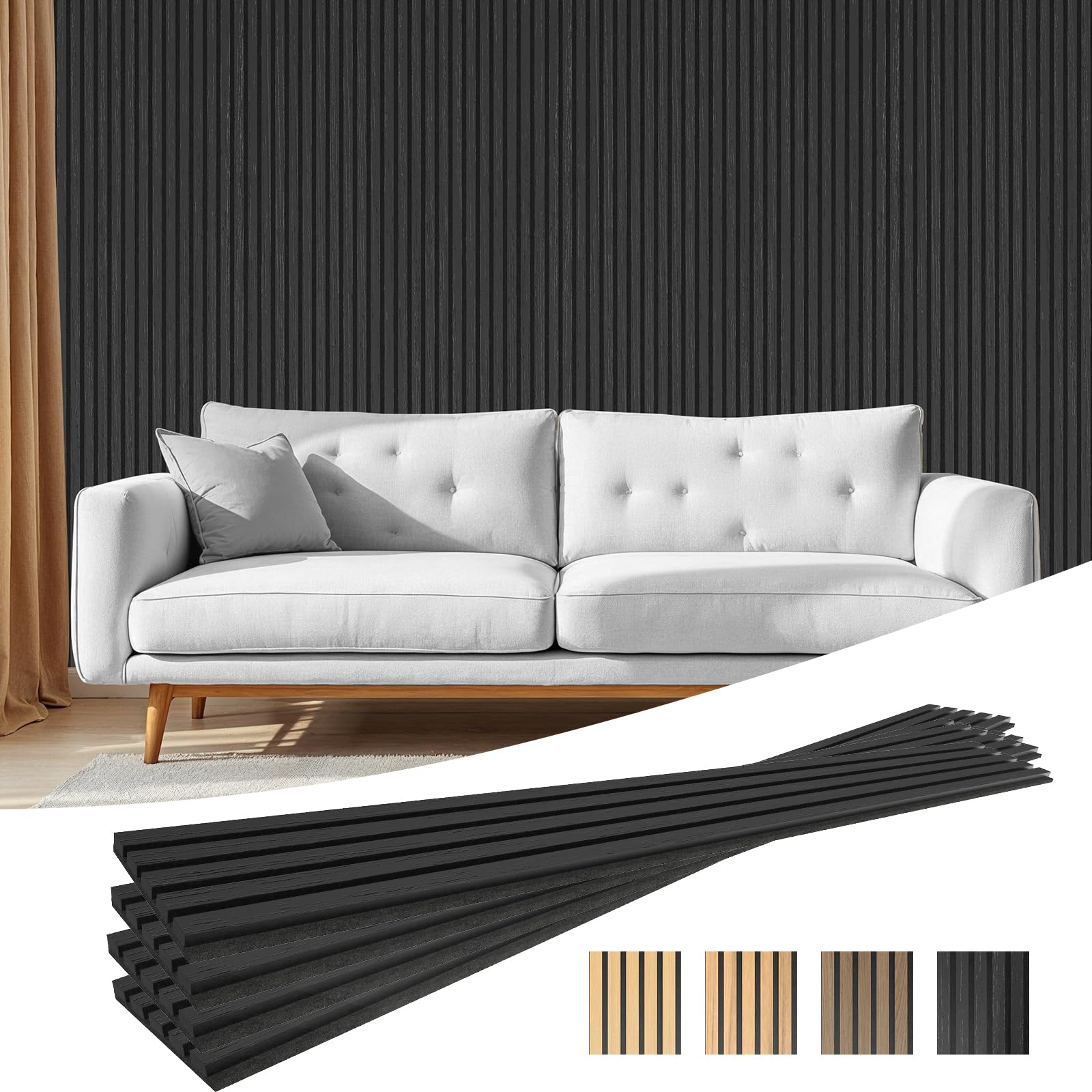 Photo 1 of IMXPW 4-Piece Acoustic Wood Wall Panels, 3D Fluted Soundproof Wood Slat Wall Panels for Interior Wall Decor, 94.5" x 7.9"-Black
