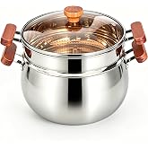 Oizyzen 7.4qt Stainless Steel Pot with Steamer Basket | 18/8 3-ply stainless, seamless body, 2-tier steam &amp; boil, wooden handle, stovetop &amp; dishwasher safe, for family dinners