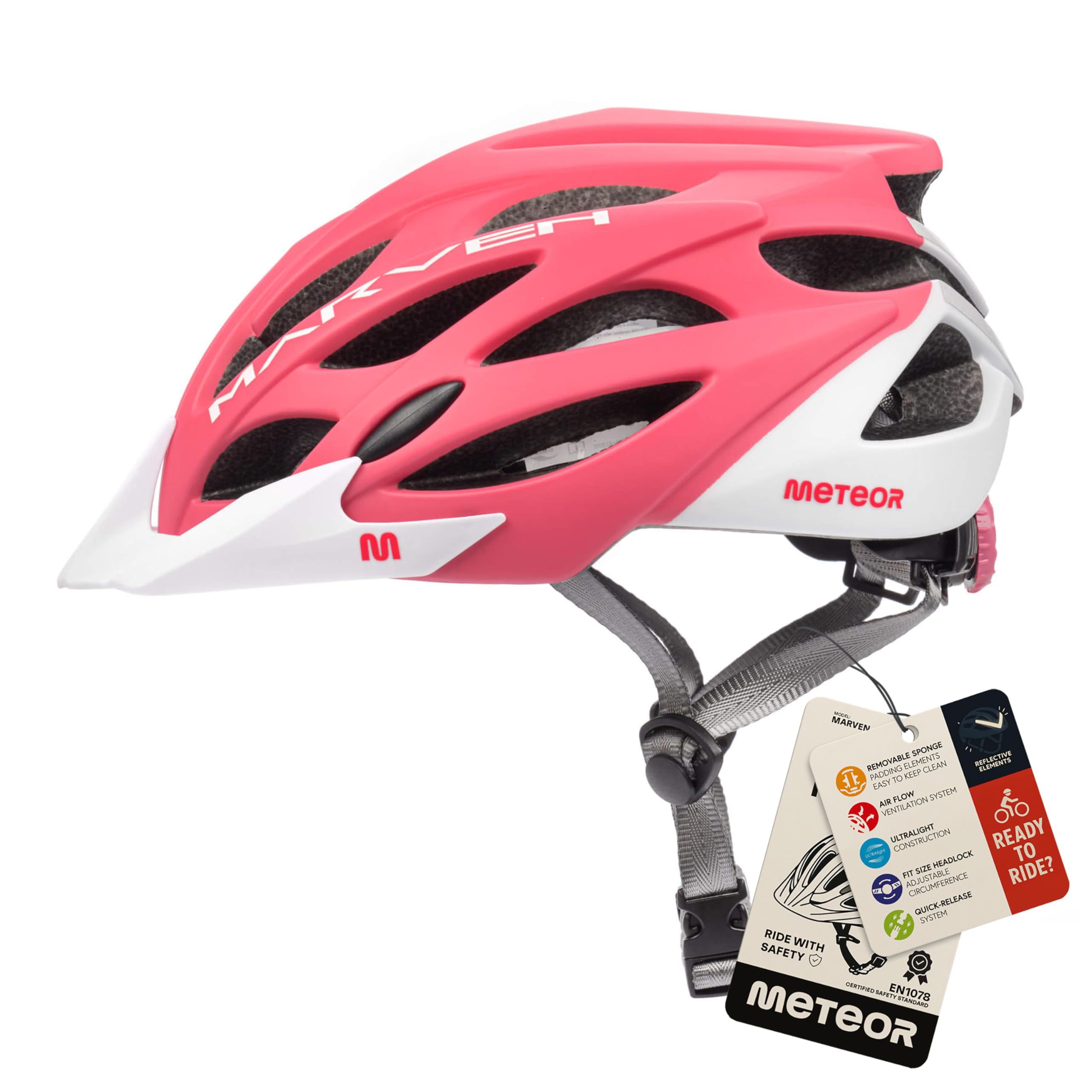 Meteor - MARVEN Cycle Helmet – Lightweight Adjustable Helmet for Men, Women, Kids – MTB, Bike, Scooter, Skateboard & Hoverboard – Breathable with Detachable Visor - Size S - Coral/White