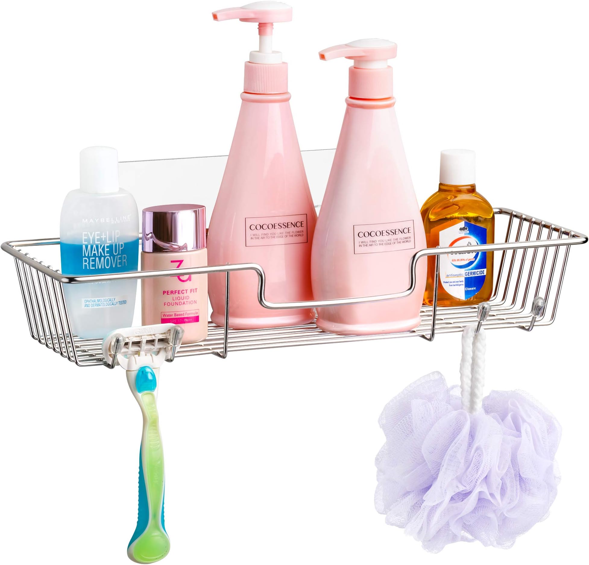 MONOKIT Shower Caddy Adhesive Bath Organizer Shelf Wall Mounted Kitchen Spice Rack Bathroom Storage with Hooks Stainless Steel