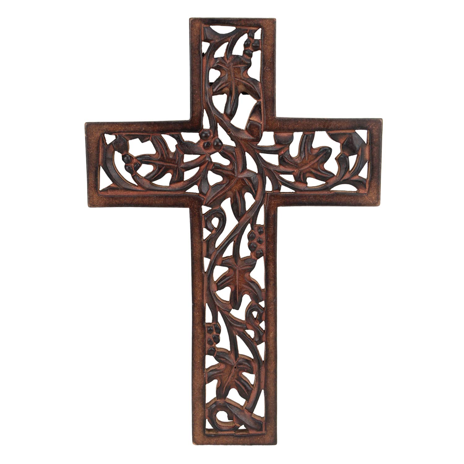 Ajuny Wooden Decorative Handmade Wall Cross Long Hanging Hand Carved Floral Design Church Christan Wall Mounted Wood Catholic for Home office Church Decor Religious Gifts