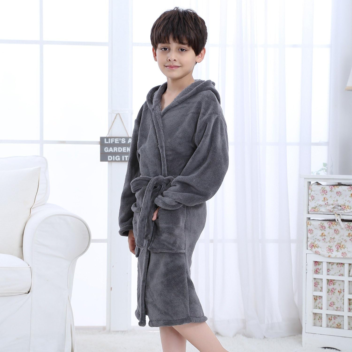 Hooded Herringbone Boy's Fleece Grey Soft Spa Kimono Long Robe, Kids Comfy Sleepwear Bathrobe(6-7 Year): Clothing