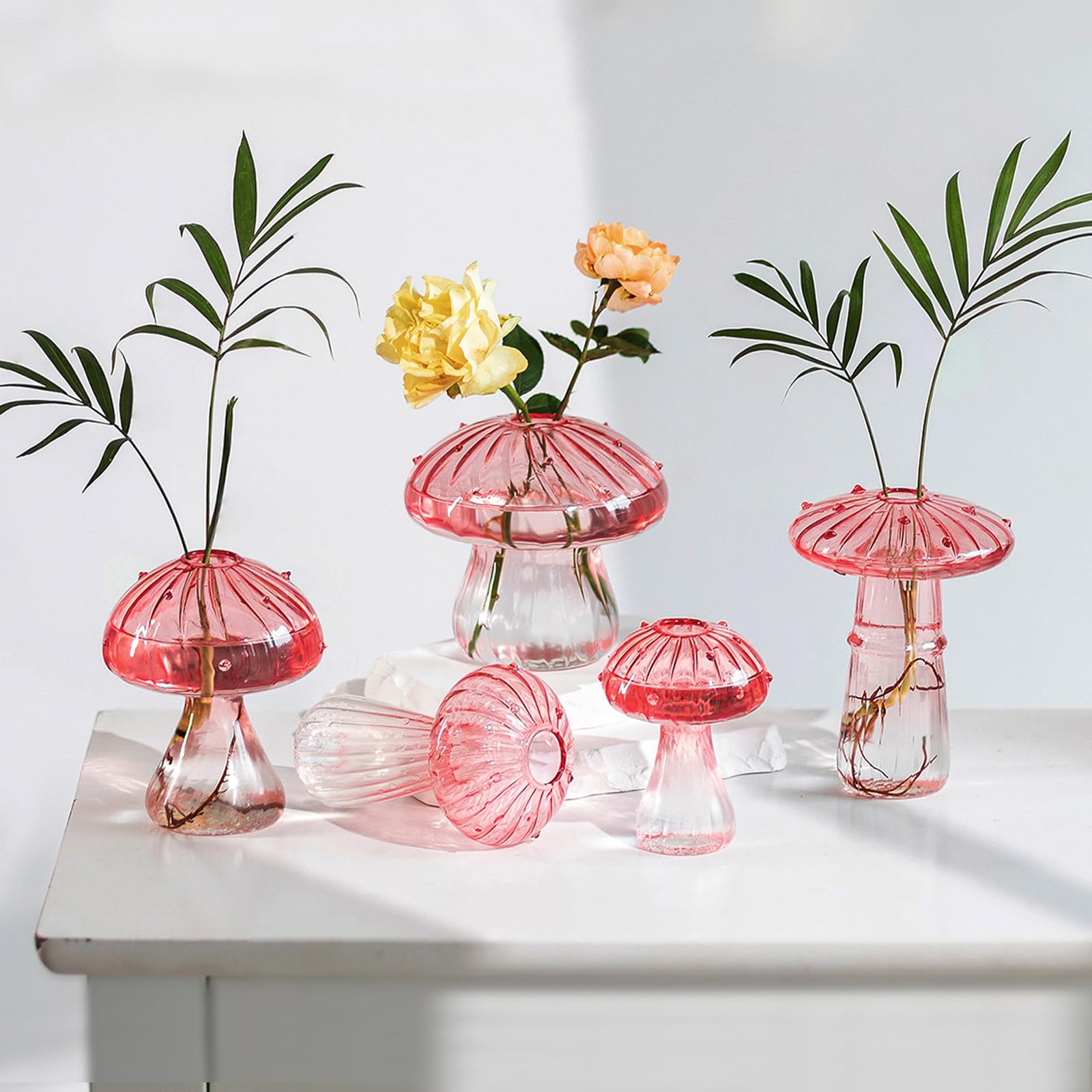 Hewory Mushroom Vase Bud Vases: Pink Mushroom Decor Propagation Station for Cottagecore Room Decor, Cute Plant Terrarium Hydroponics Small Vases for Table Decoration Plant Gifts Christmas Centrepiece
