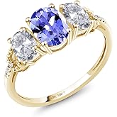 Gem Stone King 10K Yellow Gold Blue Tanzanite White Topaz and Diamond Accent Engagement Ring For Women | 1.97 Cttw | 3 Stone Wedding Engagement Anniversary Promise Ring For Women