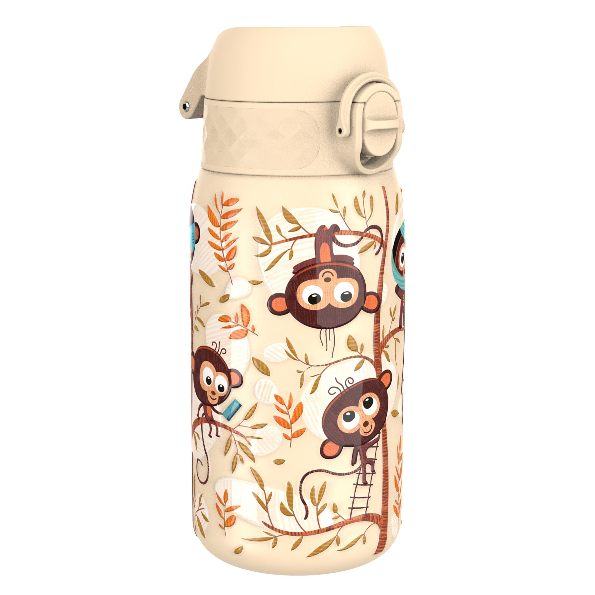 Ion8 Lightweight Steel Kids Water Bottle, 400ml/13oz, Non-Insulated, Leak Proof, Easy to Open, Secure Lock, Dishwasher Safe, Fits Cup Holders, Carry Handle, Metal Water Bottle, Cream, Monkeys