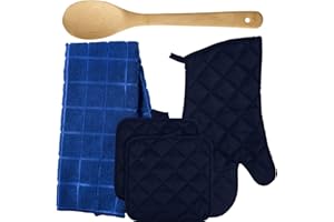 LUTI 5 Piece Navy Blue Home Kitchen Set - 2 Pot Holders - 1 Oven Mitt - 1 Kitchen Towel - 1 Bamboo Spoon - Party Gift Supply Cooking Baking Set