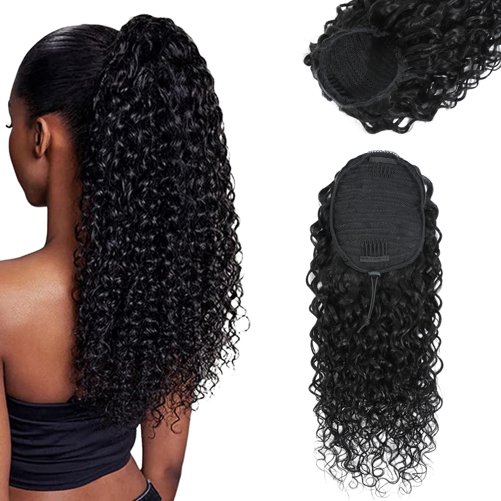 Yacurcur Water Wave Drawstring Ponytail Brazilian Remy Human Hair Ponytail Extensions for Black Women Ponytail Extension Human Hair Pieces Natural Black 16 Inch — image 1