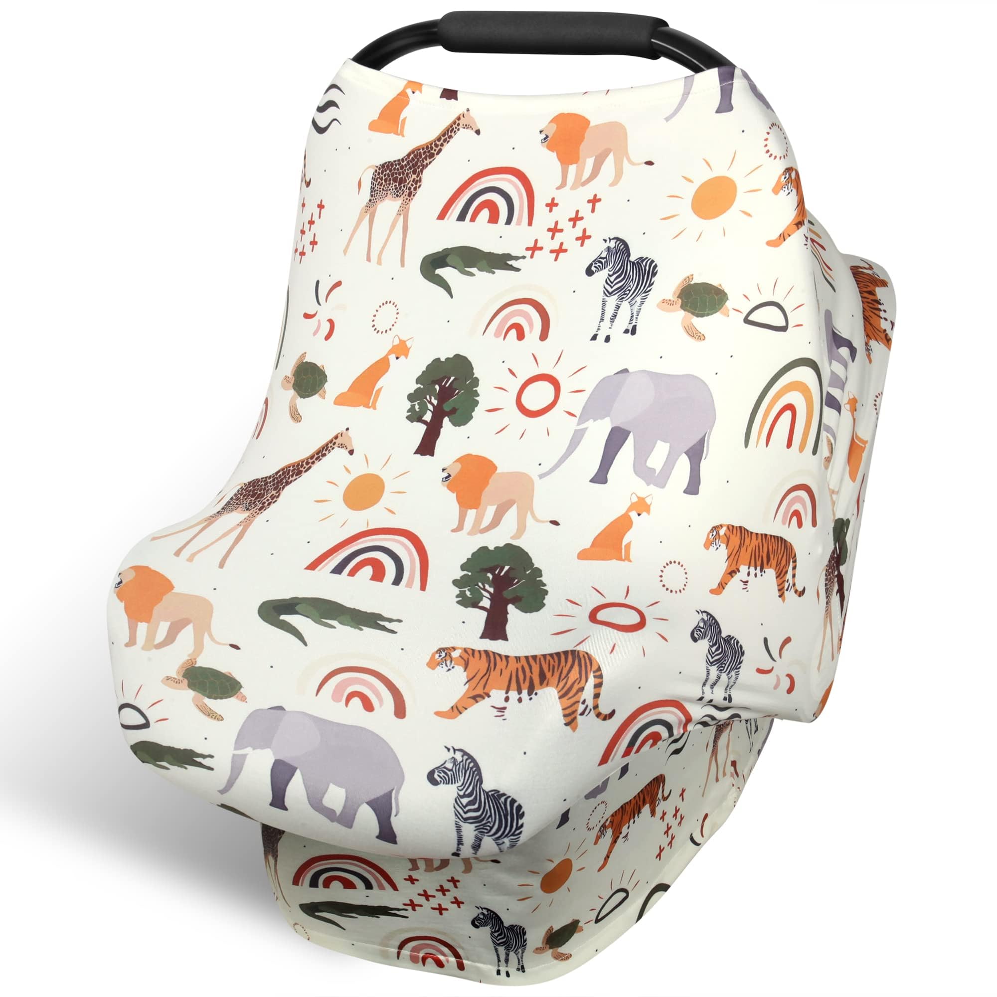 Rquite Car Seat Covers for Babies, Infant Car Seat Canopy Baby Carrier Cover, Nursing Cover for Breastfeeding, Stretchy Carseat Cover Boys and Girls, Breathable Stroller Cover- Elephant Giraffe