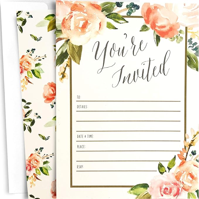 25 Floral Party Invitations with Envelopes. Blank, Fillin