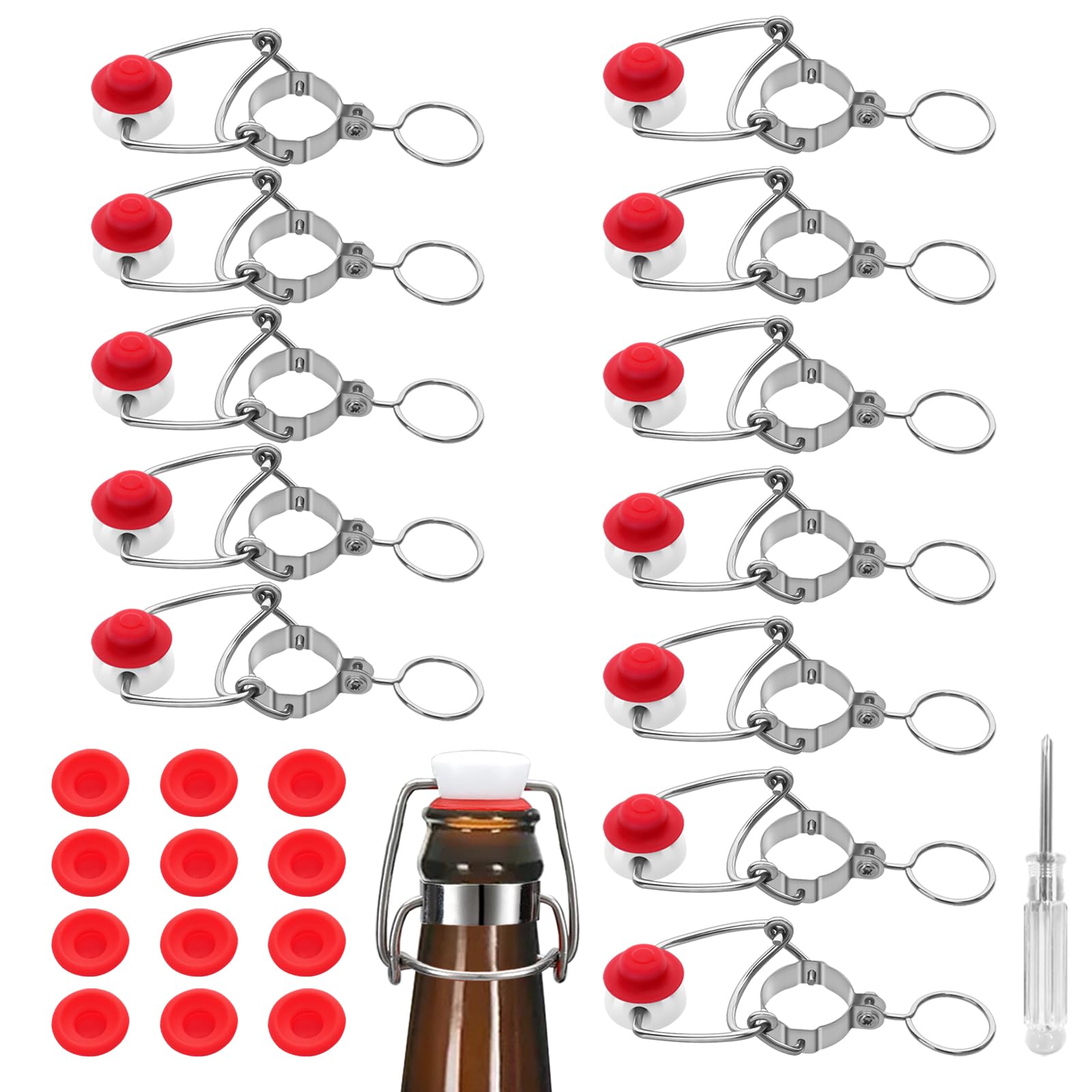 Photo 1 of [12+12] 18mm Swing Top Glass Bottle Caps Flip Top Beer Bottle Cap Beer Bottle Airtight Lids Leakproof Easy Cap Swing Top Beer Bottle Cap 12 Swing Cap with Replacement Silicone Gaskets