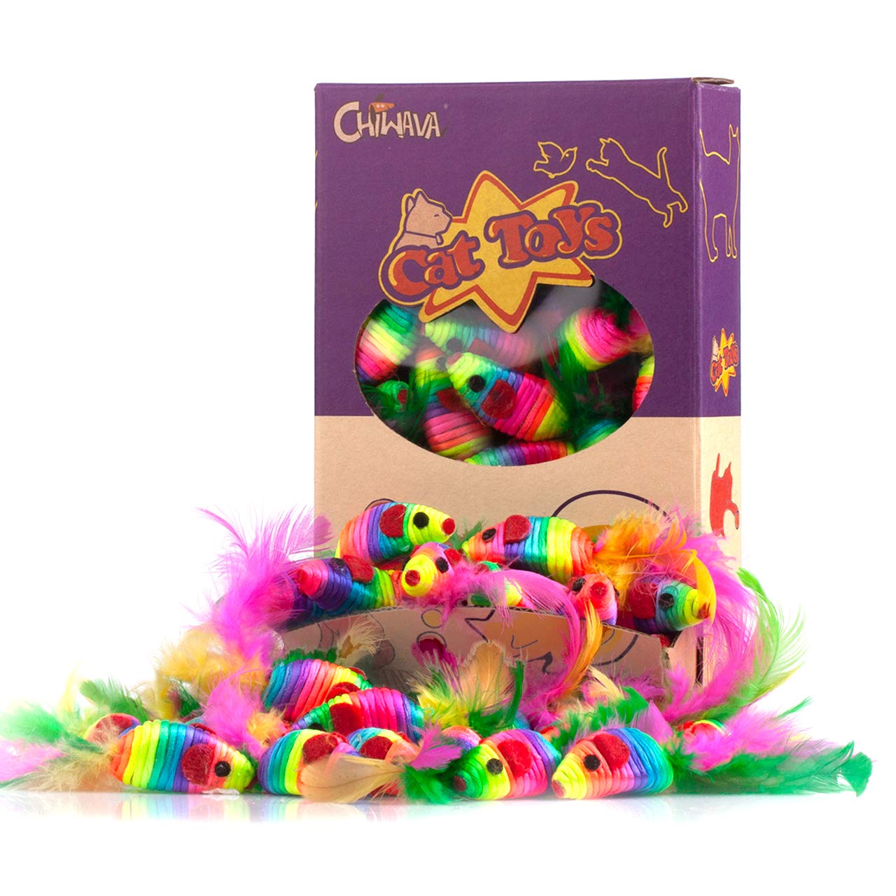 Photo 1 of CHIWAVA 24PCS 5" Rattle Cat Toys Mice with Feathers Rainbow Rope Mouse Kitten Interactive Toy Assorted Color