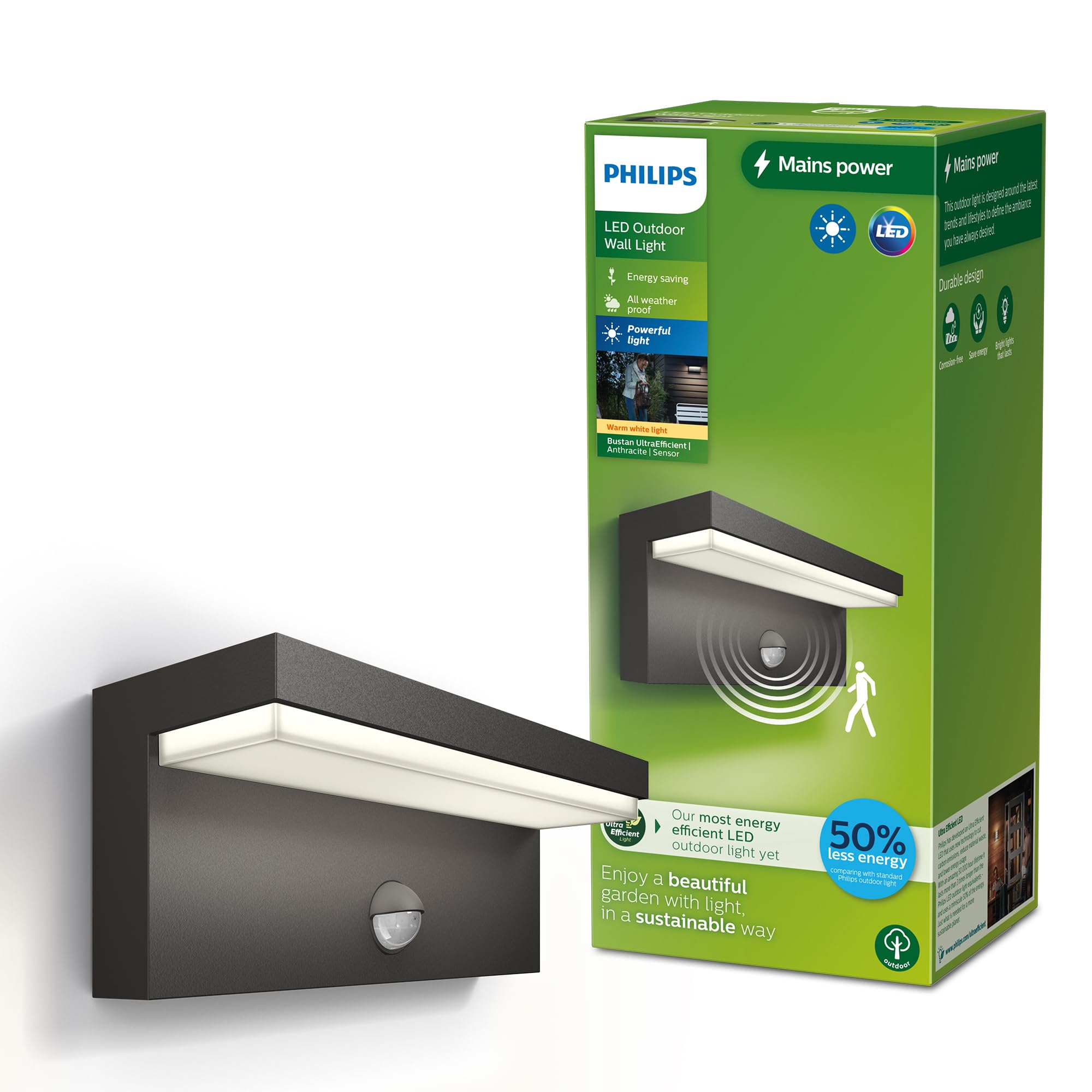 Philips Lighting Bustan UltraEfficient Outdoor Wall Light, 3.8W, 2700K Warm White Light, Antracite, Motion Sensor, IP44 Weatherproof