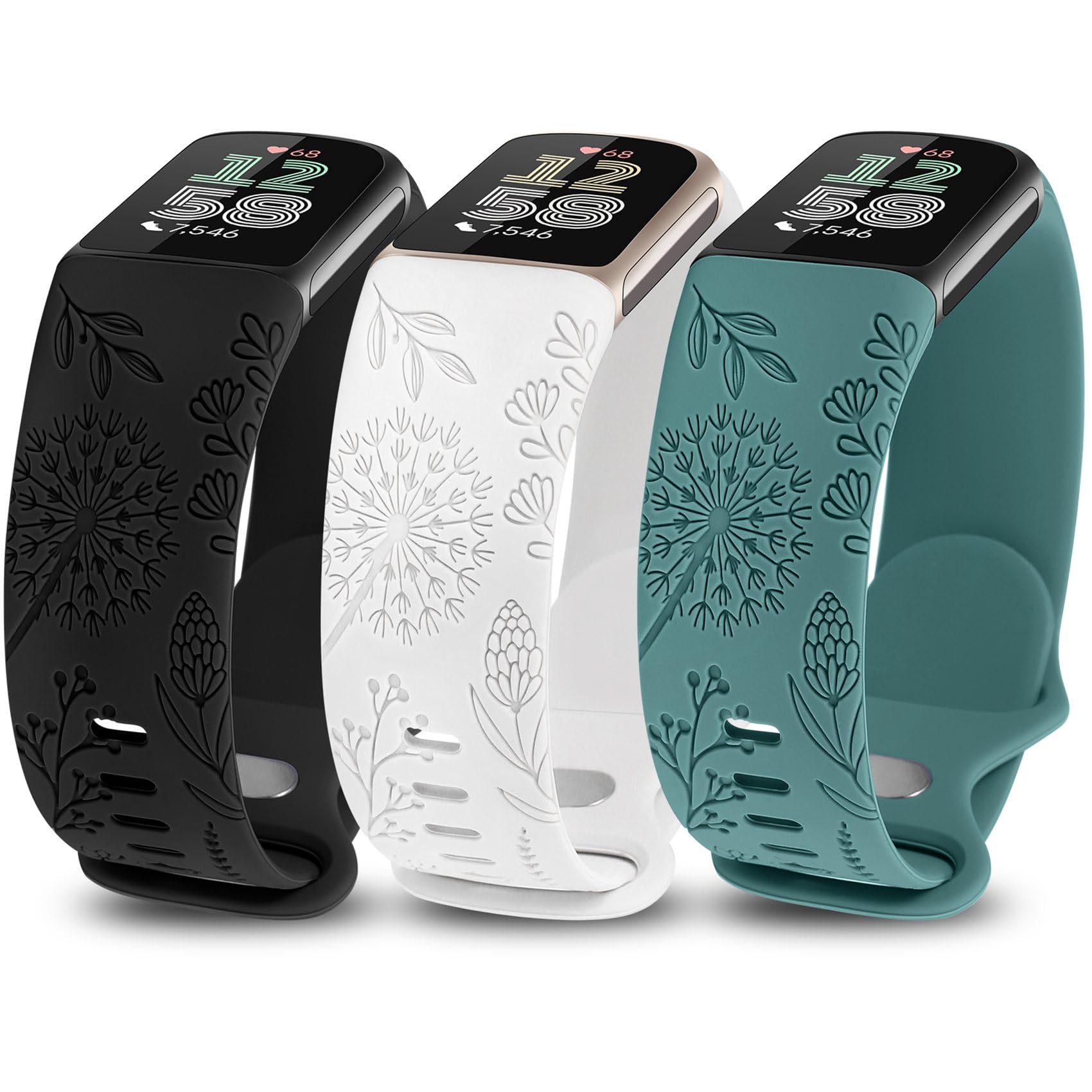 TOYOUTHS 3 Packs Floral Engraved Compatible with Fitbit Charge 5/Charge 6 Strap for Women, Soft Waterproof Silicone Sport Band with Cute Dandelion Flower Pattern, Black/White/Green