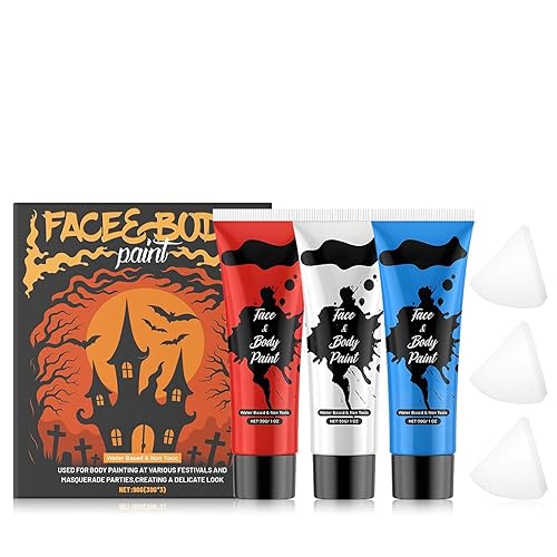 WEILAOK Haloween Face Paint, Joker Face Paint Kit, Blue, Red and White Halloween Makeup, Face Paints for Halloween, Long Lasting, Perfect for Halloween Makeup, Role-Playing, Wound Creation, 3PCS