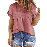 Eytino Women Plus Size Tops Crewneck Short Sleeve Lace Crochet Loose Casual Summer Blouses Shirts(1X-5X)