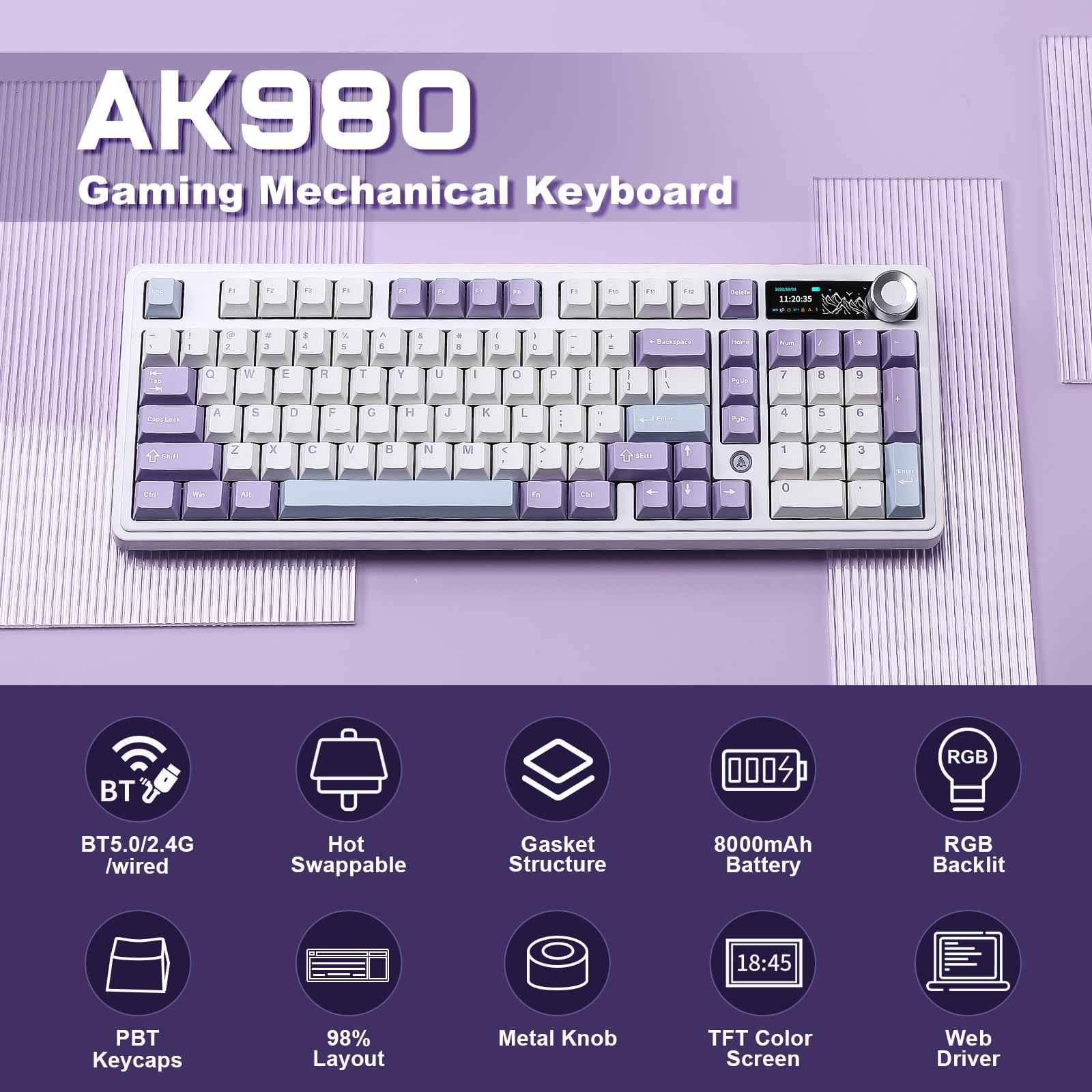 MIKIBY AJAZZ AK980 Mechanical Keyboard with Smart Display & Knob,98% Wireless Keyboard Tri-Mode BT/2.4G/USB-C, Hot Swappable, PBT Keycaps, with RGB Light for Win & Mac(Purple,Murad Switch)