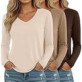 Ficerd 3 Pack Women's Long Sleeve Shirts, V Neck Cotton Blend Tops Loose Fit Casual T-Shirts Curved Hem Basic Layering Tees