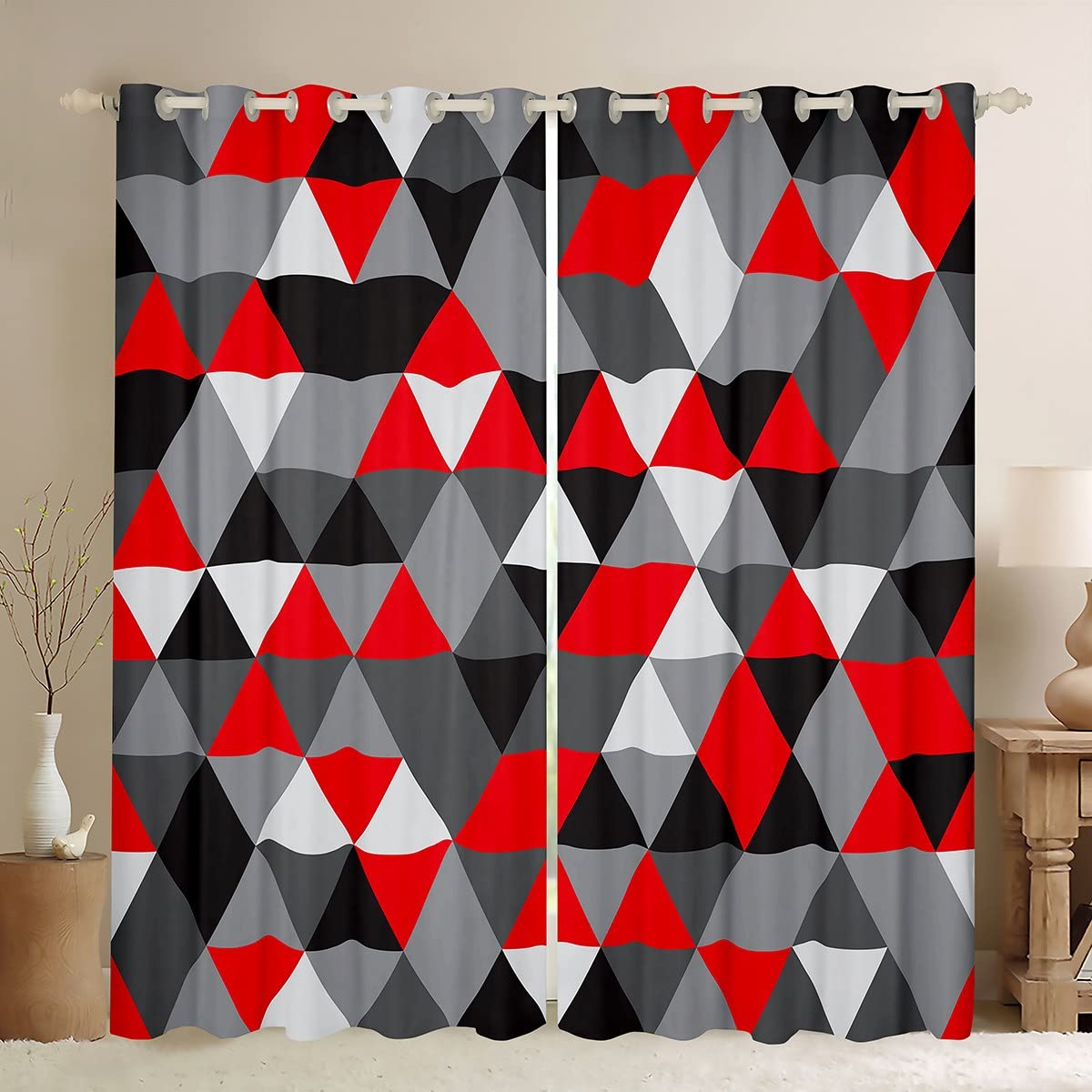 Black Red Grey 46x54 Window Curtains For Boys Bedroom,White Dark Light Grey Abstract Blackout Curtains Geometric Triangle Diamond Curtains & Drapes,Soft Window Treatments 2 Panels