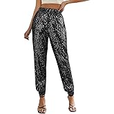Women's Sequin Jogger Pants Metallic Gold Silver Sparkly Wide Leg Trousers for Party Club Night Out Evening Dress