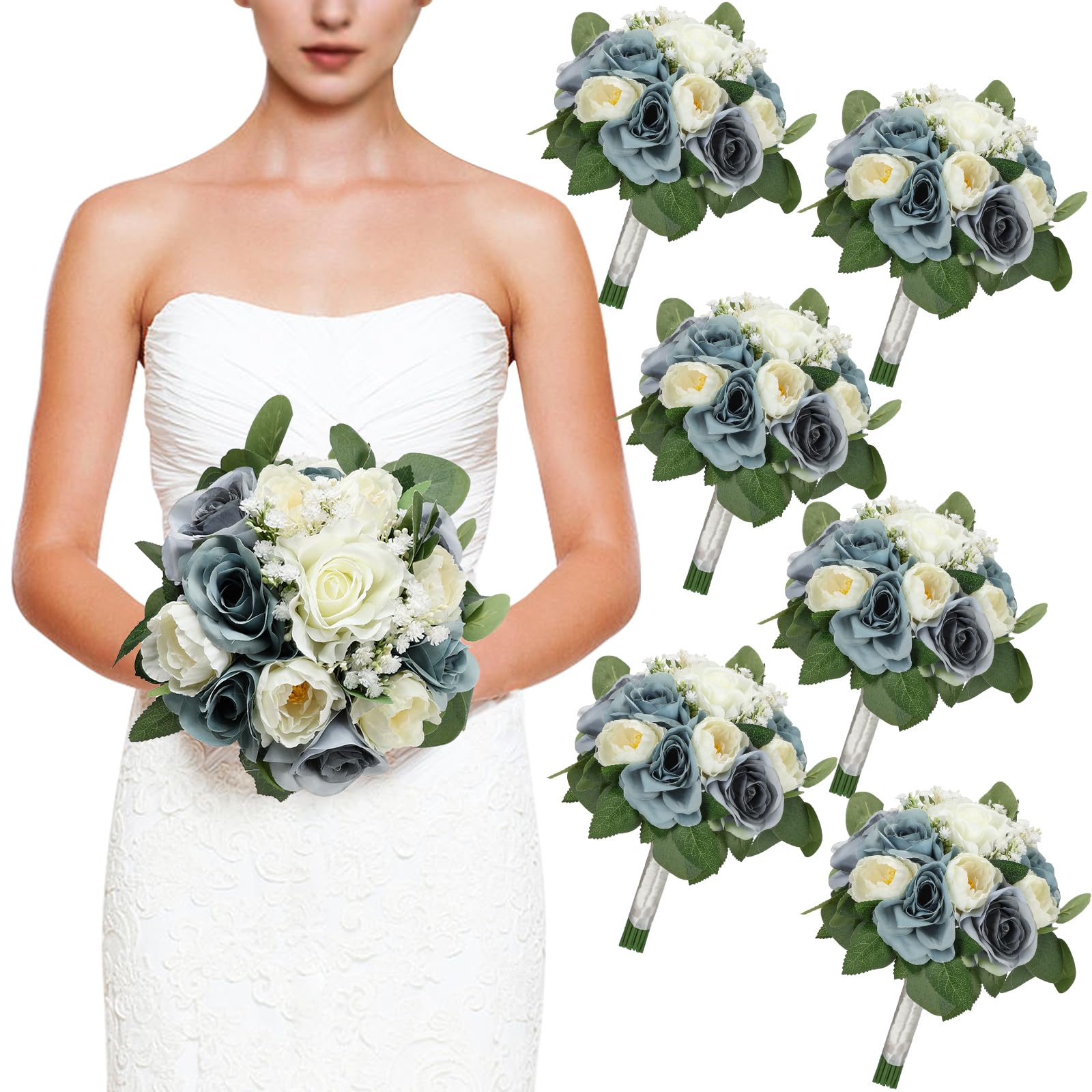 Photo 1 of DIYDOFUN Set of 6 Dusty Blue & White Artificial Bridesmaid Bouquets, 11 Inch Round Wedding Bouquets for Bridesmaids & Decorations
