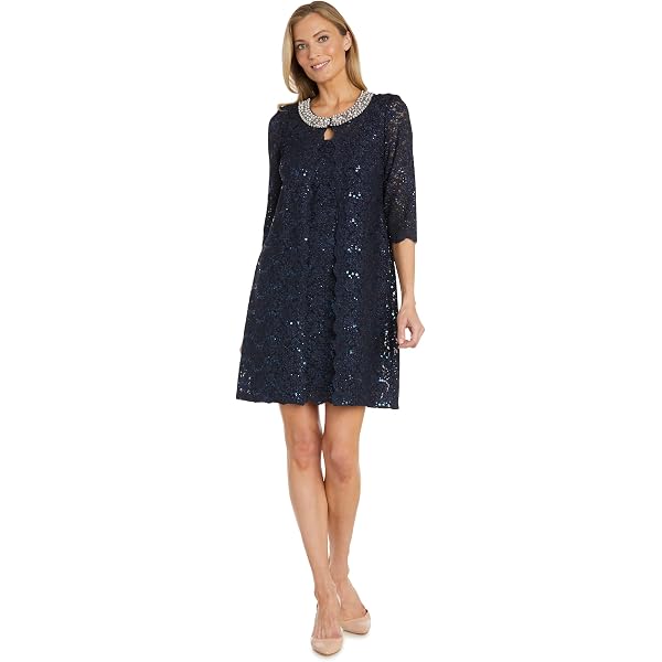 women's r&m richards beaded godet jacket & dress set R&M Richards 8442P Short Beaded Petite Jacket Dress main image 0