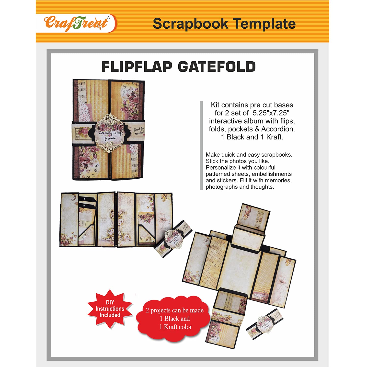CrafTreat FlipFlap Gatefold Folio Scrapbook Templates – 2 Interactive Album Sets (Black & Kraft) with Precut Die Cuts, Belly Band Closure & Tutorials