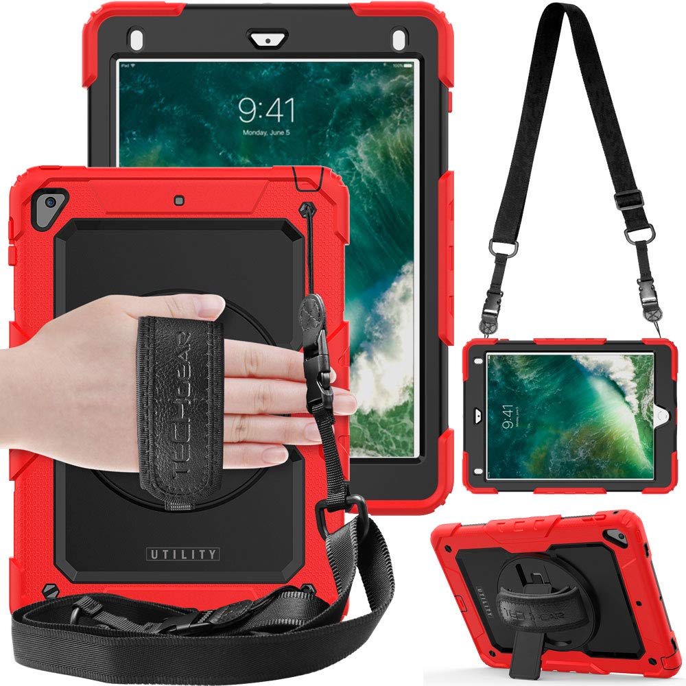 TECHGEAR UTILITY Case for Apple iPad 9.7" - Tough, Heavy Duty Armour Shockproof Protection, 360 Degree Rotating Stand, Hand & Shoulder Straps - Red