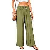 GUOLEZEEV Women Wide Leg Flowy Linen Pants Loose Drawstring Casual Pants Beach Vacation Trouser