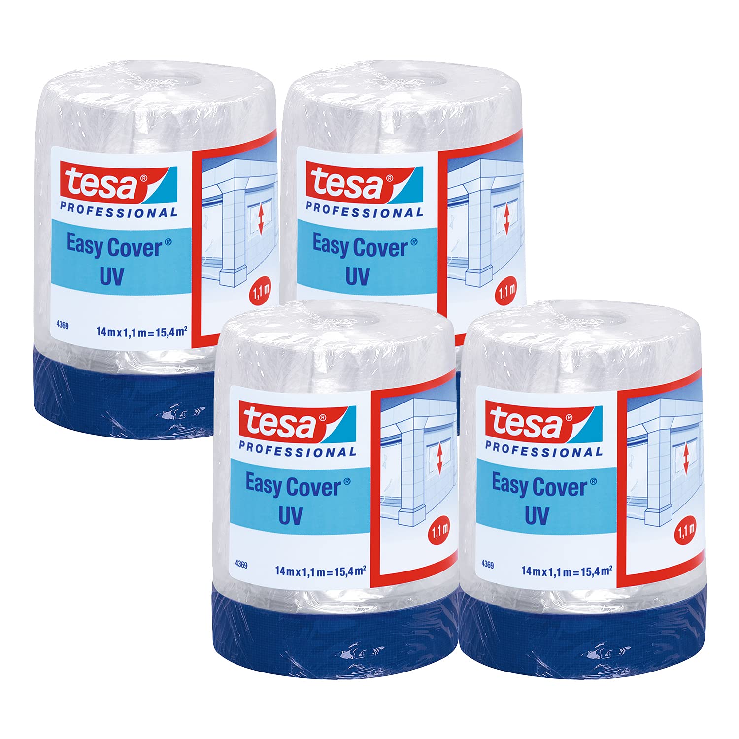 tesa Easy Cover 4369 UV - Pack of 8 - Painter's Film with Fabric Tape for Masking and Covering Outdoor Use - 2-in-1 Masking Tape with Film - Blue/Matte - 14 m x 1.1 m