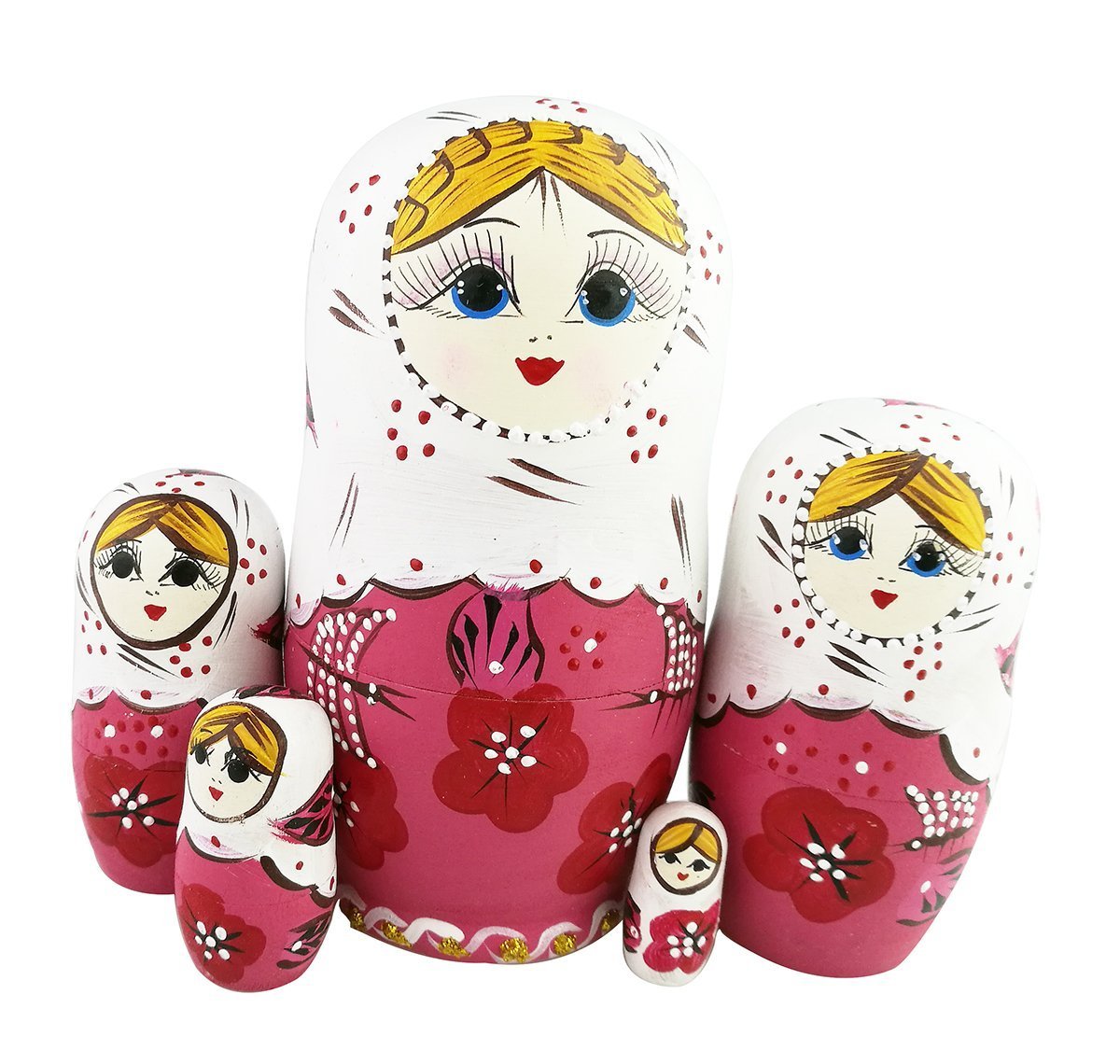 Set of 5 Rustic Style Red Flower Pink Matryoshka Dolls Russian Nesting Wooden Stacking Toy Handmade Gift Wooden Folk Kids Gift Funny Kids Room Decor