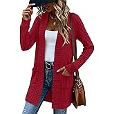 Velvelhall Women's Long Cardigan Sweater with Patch Pockets, Open Front Long Sleeve Lightweight Loose Ribbed Knit Coatigan