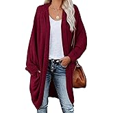ZoeAce Womens Open Front Knit Cardigan Long Batwing Sleeve Oversized Sweater Chunky Waffle Cable Boho Pockets Coat