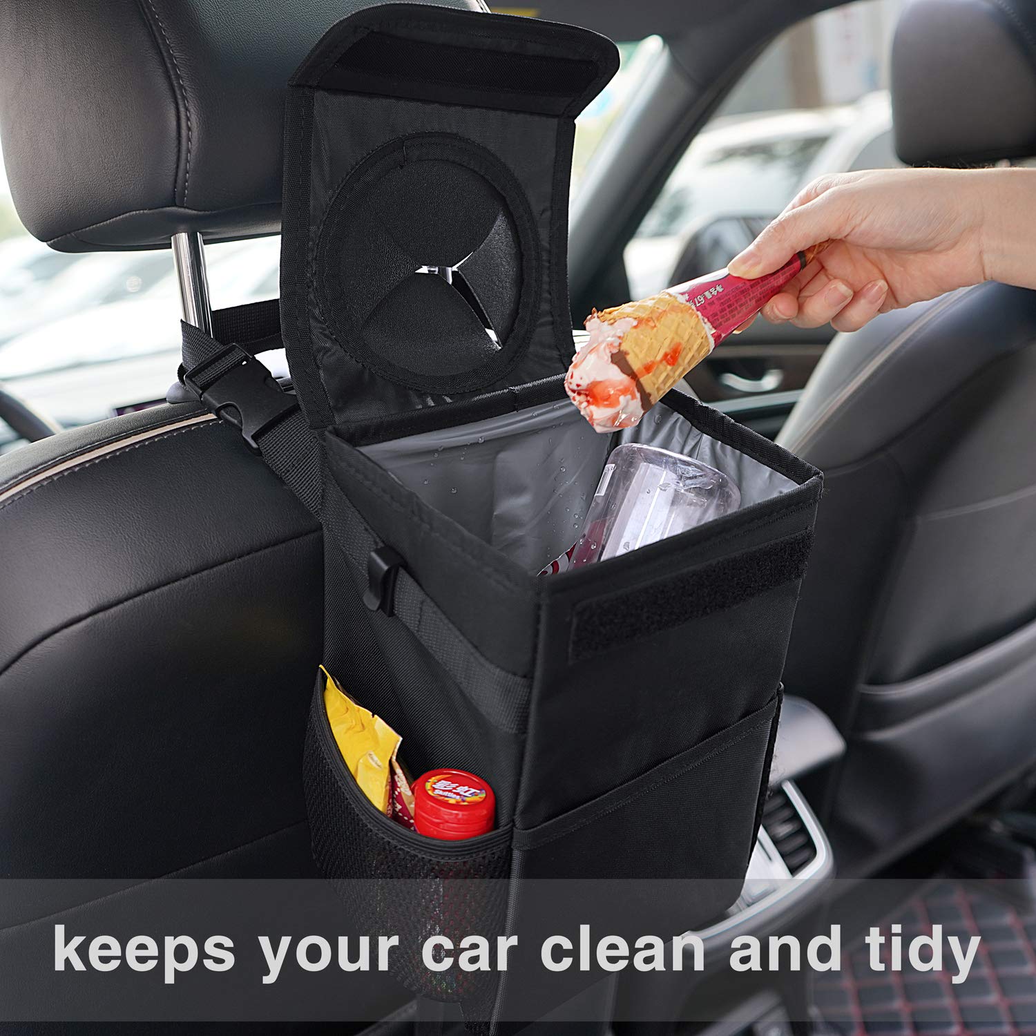 HOUSE DAY Car Trash Can with Lid and Storage Pockets, 100% Leak-Proof Car Organizer, Waterproof Car Garbage Can, Multipurpose Trash Bin for Car - Black 2.4 Gallons