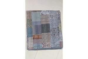 Varprada - Grey Silk Sari Patchwork Kantha Work Blanket for Sale Boho Vintage Bedspreads Throw Blanket Bohemian Bedding Handmade Quilt 90x60 inch Twin Size